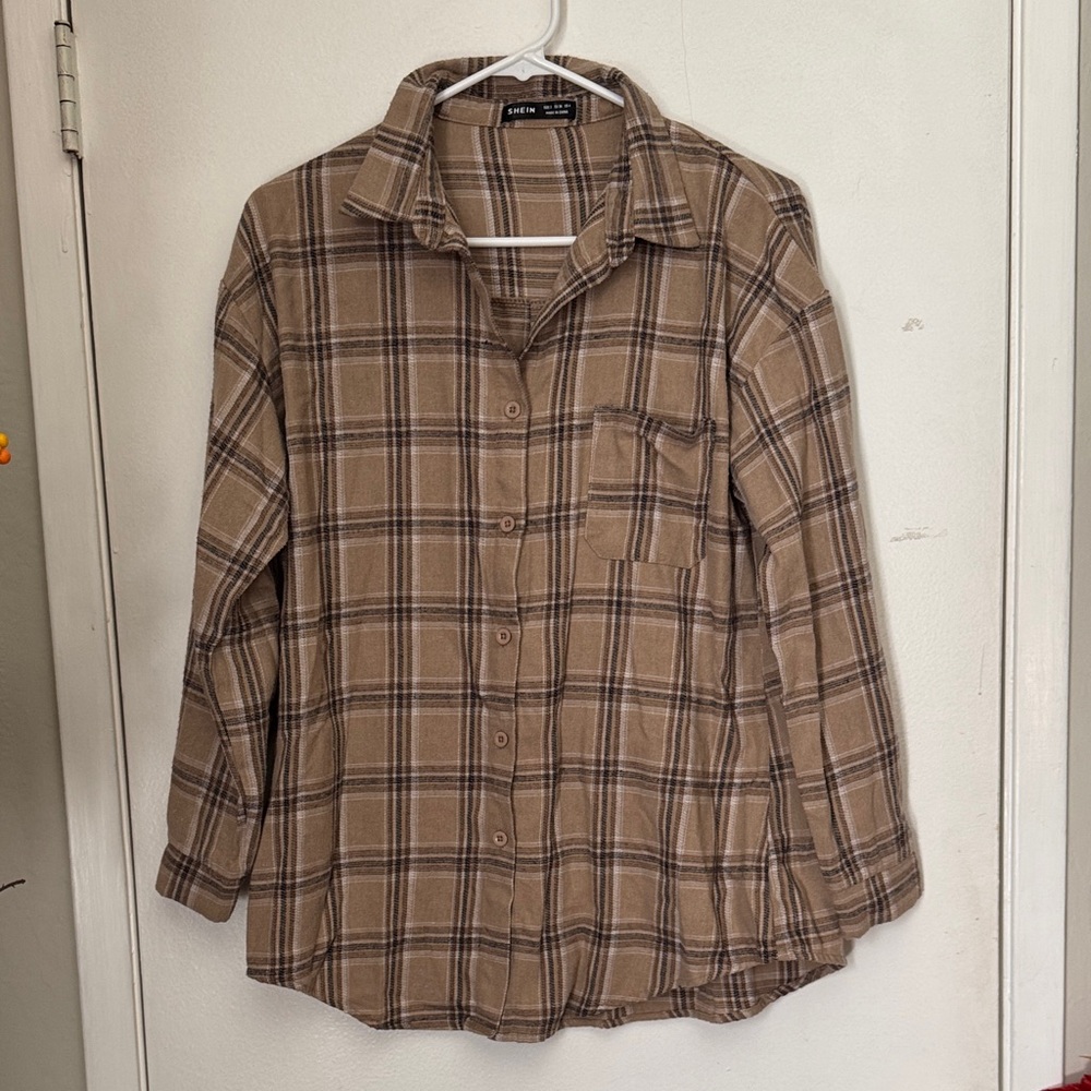 SHEIN Plaid Tan Checkered Flannel